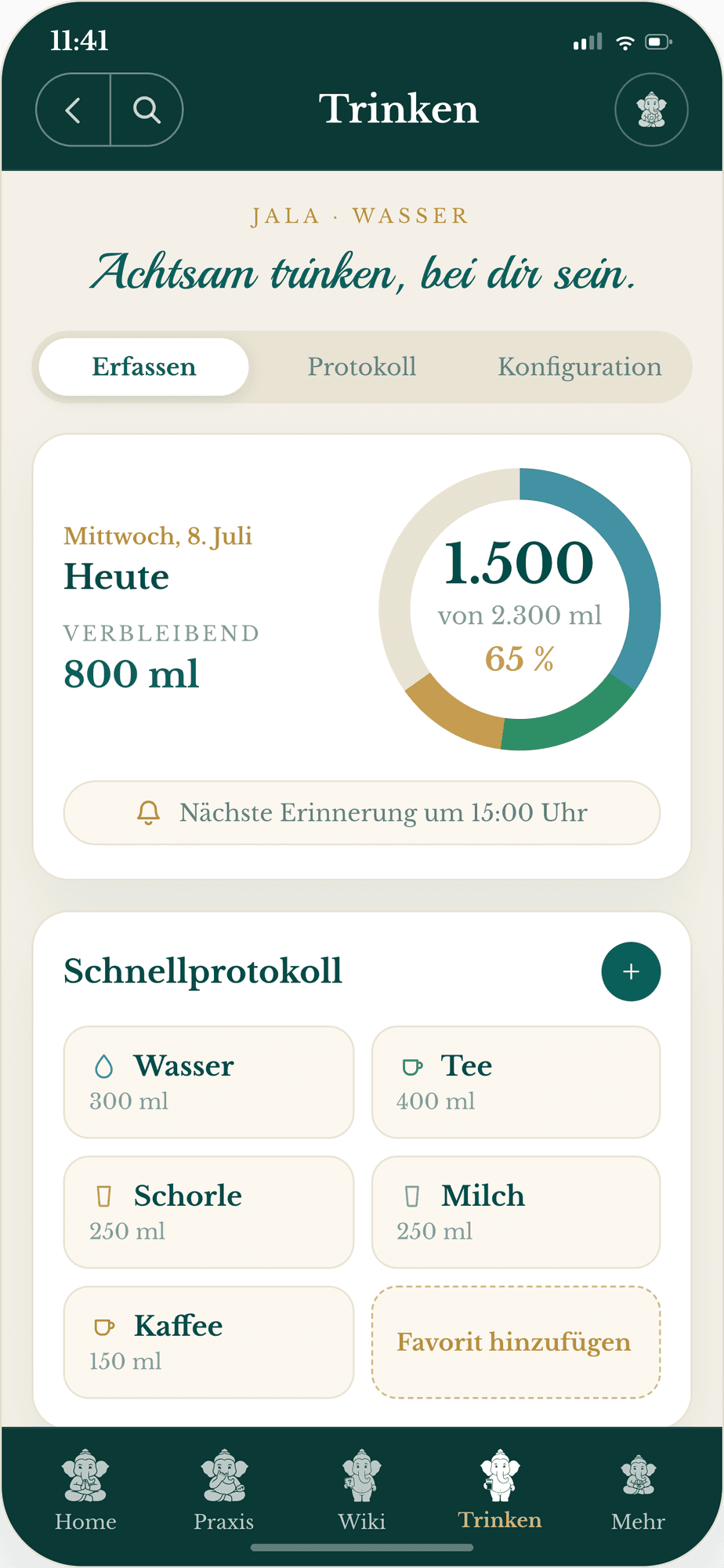 Bildschirmfoto der VYC Sahitya App: Trink-Erinnerung „Jala · Wasser“ mit Tagesfortschritt, nächster Erinnerung und Schnellprotokoll