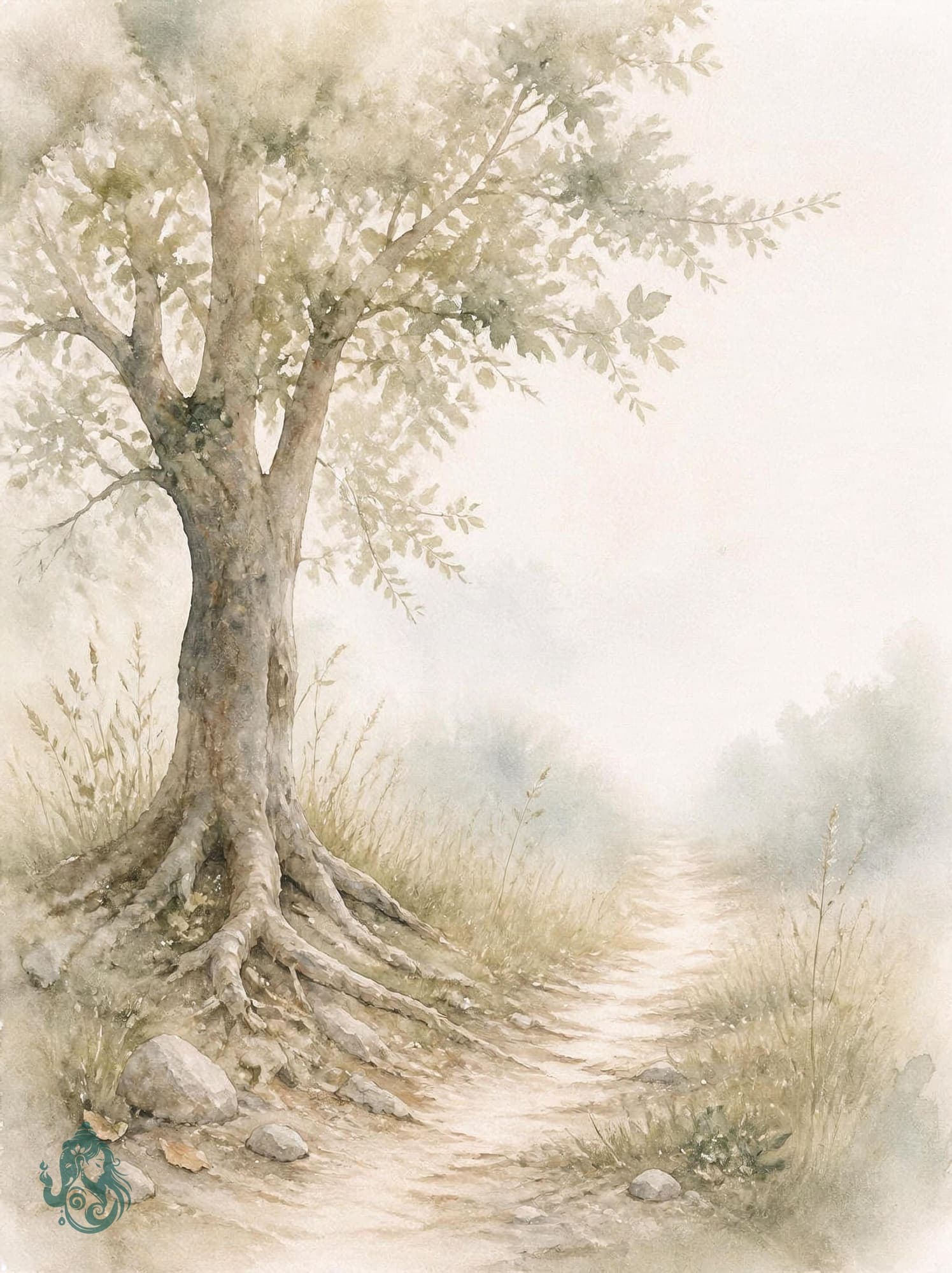 Aquarell eines Baums mit tiefen, weit verzweigten Wurzeln an einem Pfad, der ins Licht führt – Sinnbild für gewachsene Wurzeln und den Weg, der daraus entsteht Matte