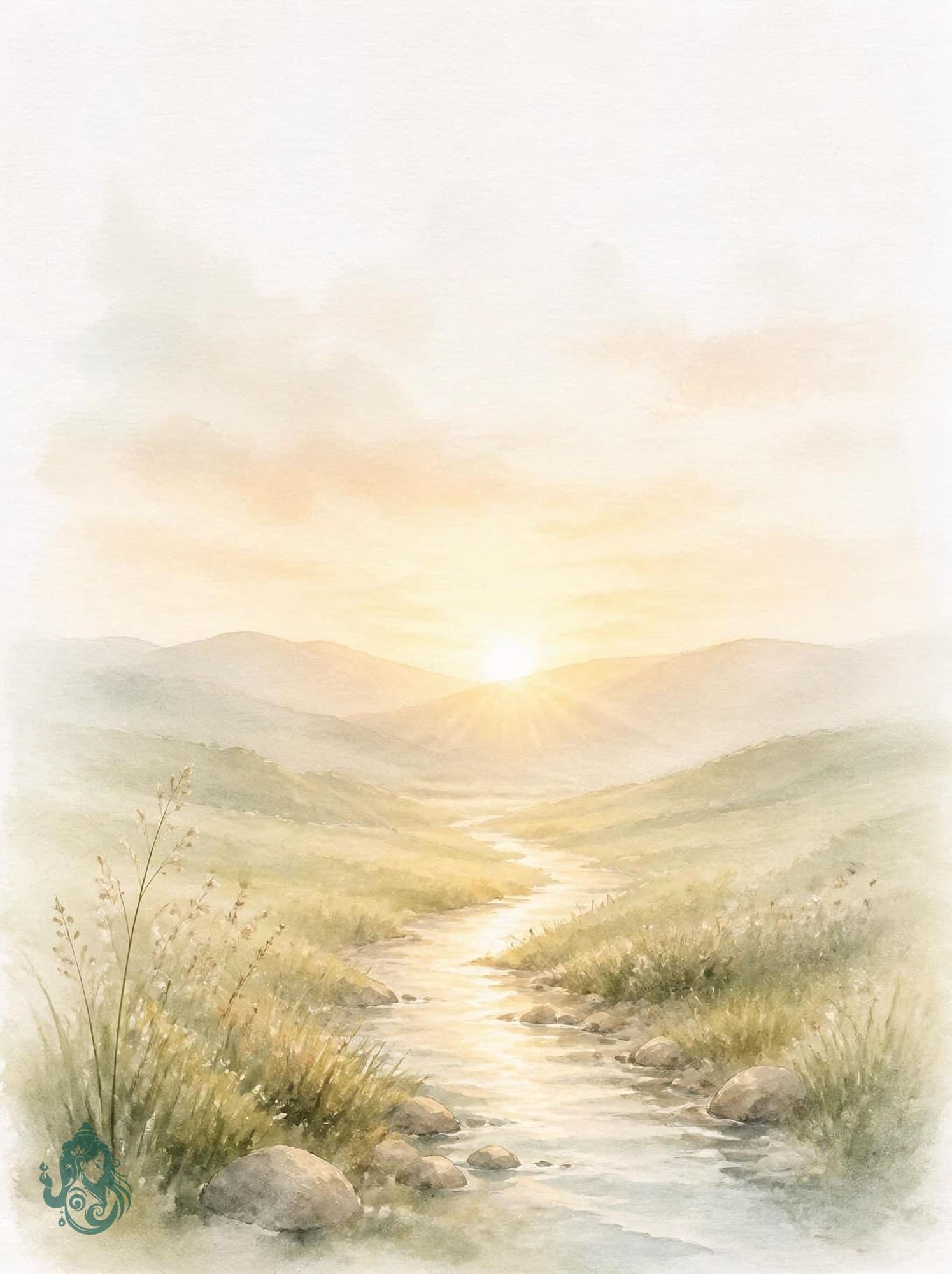 Aquarell einer weiten Landschaft mit Sonnenaufgang über den Hügeln und einem Bach, der ins Tal führt – Sinnbild für einen neuen Anfang