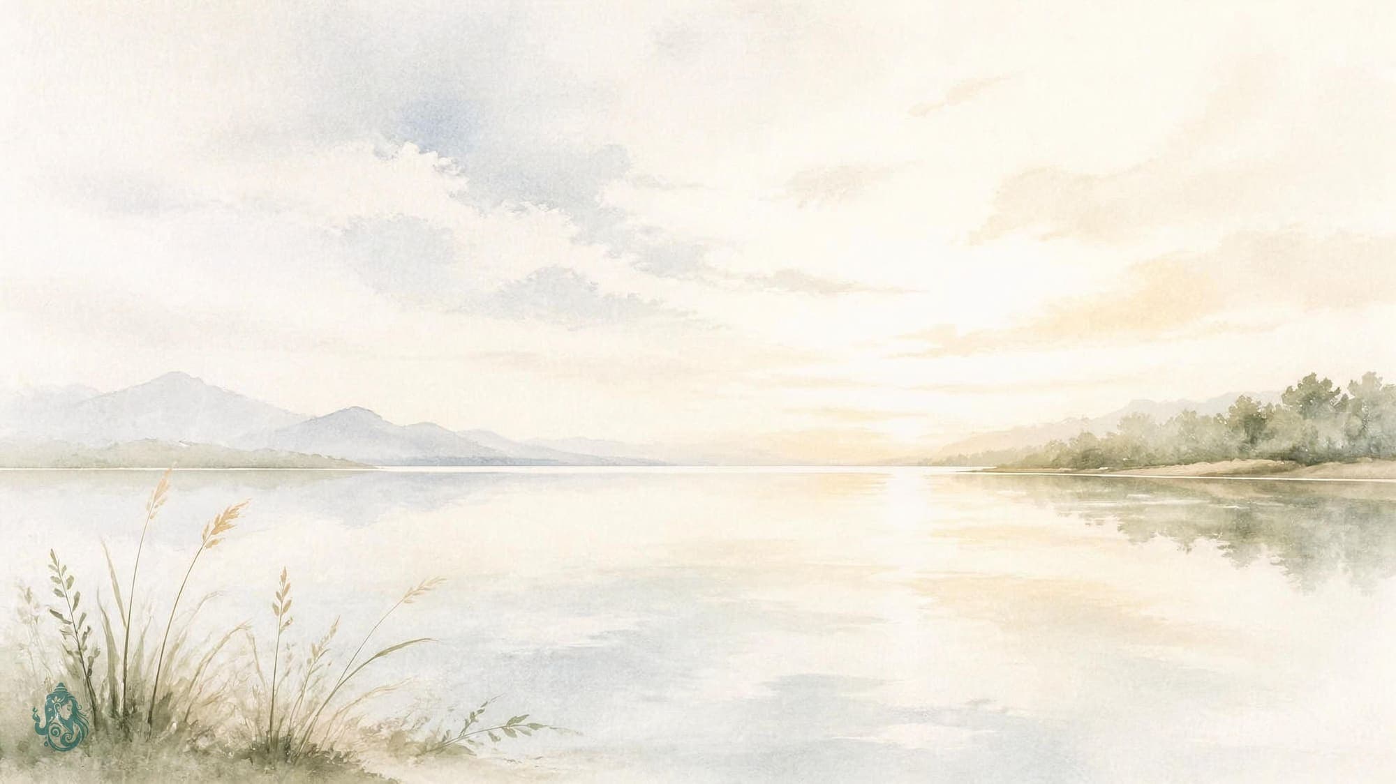 Aquarell eines stillen Sees mit weitem Himmel und fernen Bergen – Sinnbild für einen offenen Ort, der weiter reicht als wir selbst