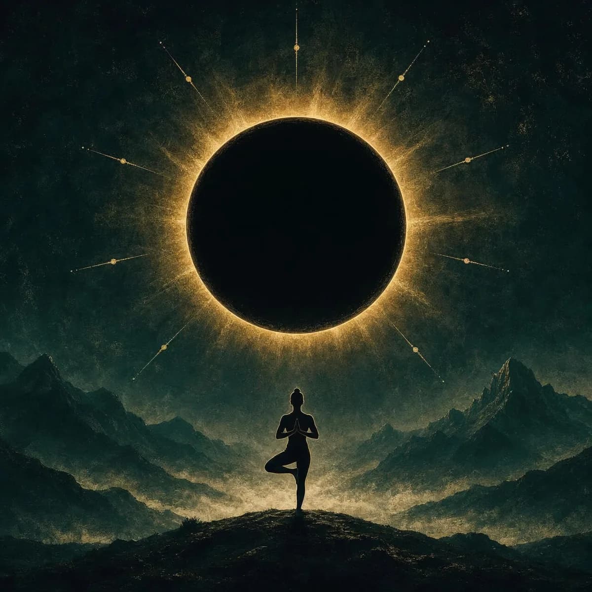 Cover: Silhouette in der Baumhaltung auf einem Berg vor einer dunklen Sonne mit goldenem Strahlenkranz