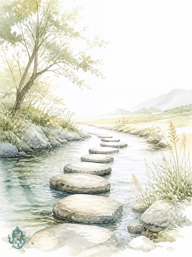 Bild in Großansicht öffnen Aquarell eines Bachs mit Trittsteinen, die Schritt für Schritt ans andere Ufer führen – Sinnbild für Veränderung durch eigene Schritte