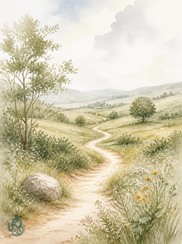 Bild in Großansicht öffnen Aquarell eines gewundenen Weges durch hügelige Wiesenlandschaft – Sinnbild für den eigenen Weg in deinem Tempo